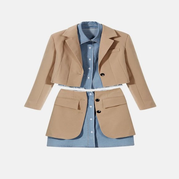 Denim Spliced Blazer And Skirt Set